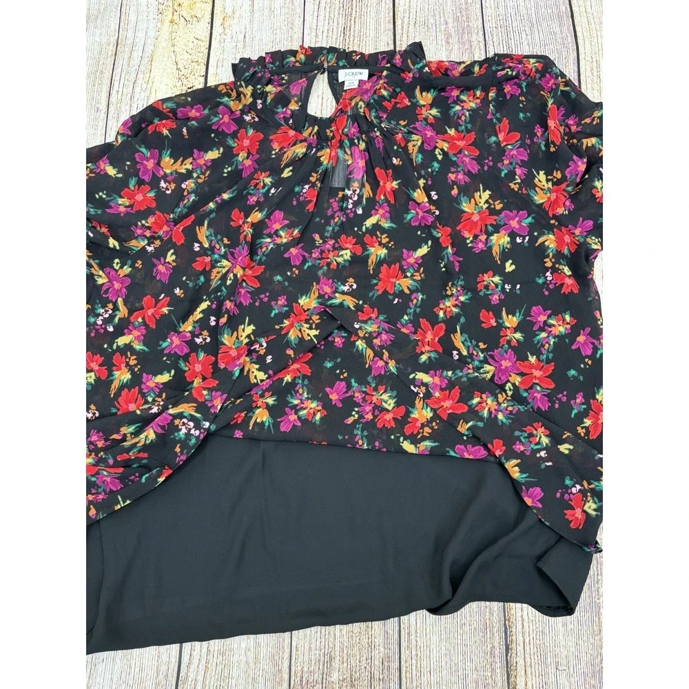 J Crew Floral Ruffle Neck Top Blouse Size 3X Black Multicolor Long‎ Sleeve NWT